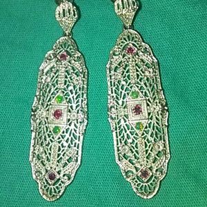 Natural Emerald Ruby 925 Silver Filigre Earrings